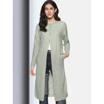 Womens Green Self Designed Long Sleeves Long Cardigan