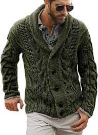 Mens Cable Knit Cardigan Sweater Shawl Collar Loose