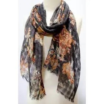 Floral Printed Lightweight Sheer Gauze Wool Stole Scarf