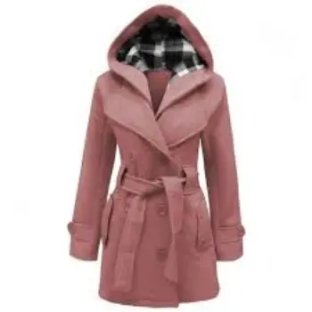 Peach Ladies Belted Button Coat Hooded Long Jacket 