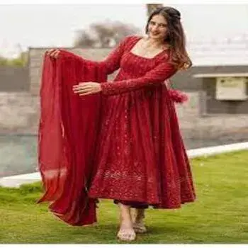 Maroon Embroidered Georgette Anarkali Suit