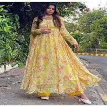 Yellow Georgette Floral Printed Anarkali Suit