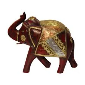  Distressed Wooden Brass Elephant Statue