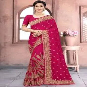 Classic Magenta Embroidery Saree For Ladies