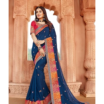 Blue Color With Border Embroidered Style Classic Ladies Sarees