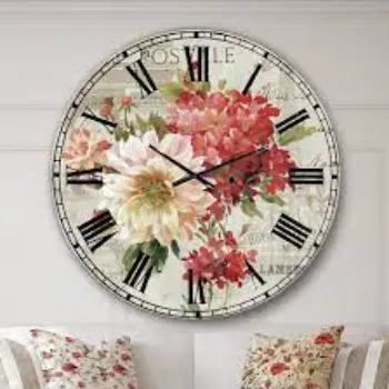  Designart Red Painted Flowers on Vintage Postcard Farmhouse Wall Clock CLM