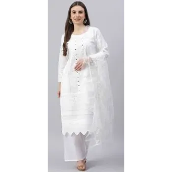 Slim Fit Cotton Designer White Kurtis