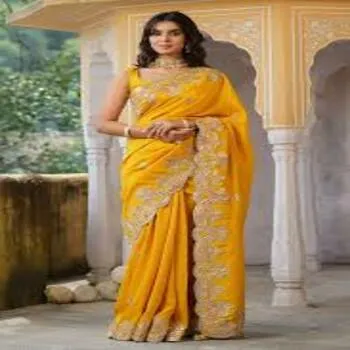 Elite Yellow Embroidery Saree For Ladies