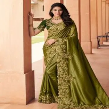 Latest Olive Green Embroidery Sarees