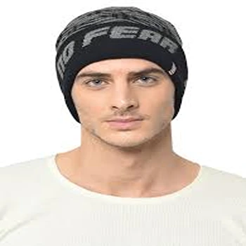 Trendsetting Black Printed Woolen Cap