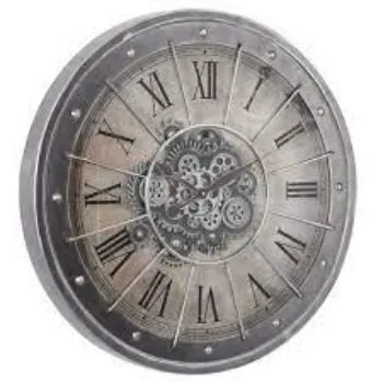  Chilli Basset Round Industrial Moving Cogs Wall Clock Grey Wash