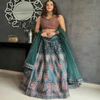 Teal Green Satin Printed Lehenga
