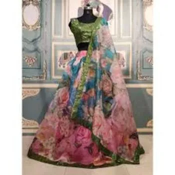 Baby Pink Organza Flower Printed Lehenga 