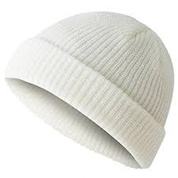 Stylish White Woolen Ribbed Cap 