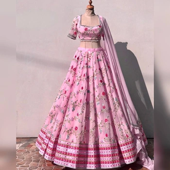 Pink Color Semi Stitched Lehenga For Girls