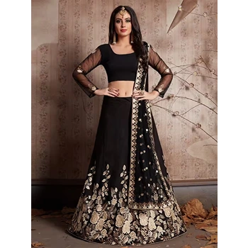 Black Color Embroidered Style Semi Stitched Lehenga