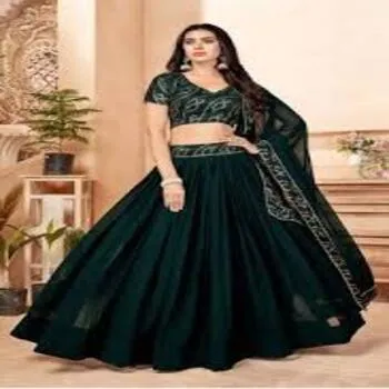 Dark Green Semi Stitched Lehenga