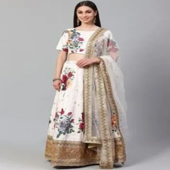 White Printed Semi Stitched Lehenga