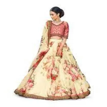 Cream Floral Semi Stitched Lehenga