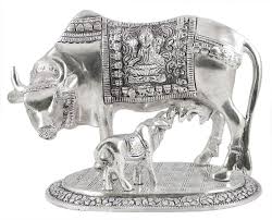 White Metal Kamdhenu Cow with Calf Statue 