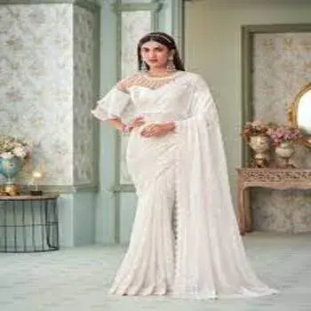 Stylish White Georgette Sequins Sarees