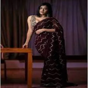 Wine Color Trendy Embroidery Sarees
