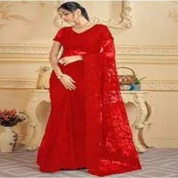 Trendy  Embroidery Saree With Red Hue 